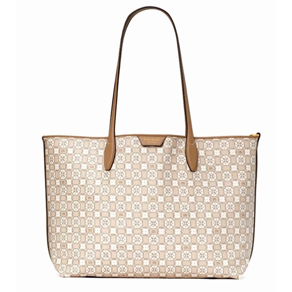 New Kate Spade Flower Monogram Coated Canvas Tote Natural Multi with Pouch - Picture 3 of 4